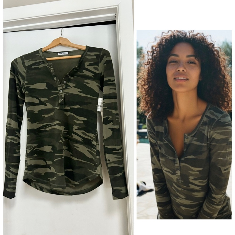 Sweet Romeo Camo Long Sleeve Henley Top